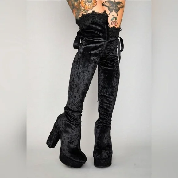 High Platform Boots Thigh High Black Velvet Boots Delight 3002